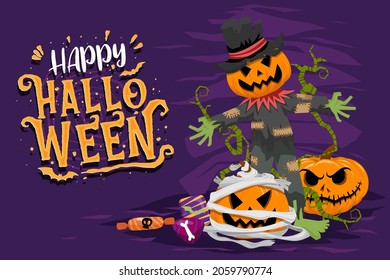 Happy Halloween (trick or treat) Poster for invitation. Illustration Halloween night Poster Pumpkin, bandage, candy, vine, scarecrow, hat, undead for designer create banner or web page.