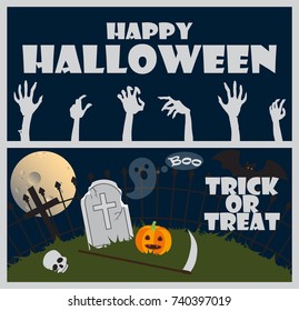 Happy Halloween, trick or treat poster with zombies hands and cemetery enlightened by moonlight, skull and pumpkin on grass vector illustration