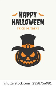 Happy Halloween trick or treat promo poster retro flyer design template vector flat illustration. Creepy pumpkin sorcerer in hat with bat vintage minimalist placard for holiday event party advertising