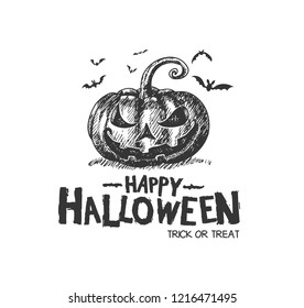 Happy Halloween trick or treat with pumpkin and bats drawing style. Vector design for invitation card, greeting card, poster and banner halloween celebration event