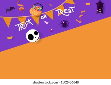 Happy Halloween, trick or treat, pumpkin, spider and bat with confetti ribbons, party invites decoration greeting card, autumn collection background top view vector.