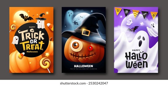 Feliz Halloween truque ou tratar, Abóbora, fantasma assustador, noite de lua, morcego voando, pôster folheto três design coleção, Eps 10 ilustração vetor