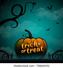 happy halloween trick or treat pumpkins, bats and haunted tree on dark night background decoration for poster, web, banner, sticker and card vector illustration