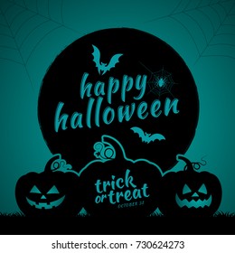 happy halloween trick or treat pumpkins, bats and spider web full moon on dark night background decoration for poster, web, banner, sticker and card vector illustration