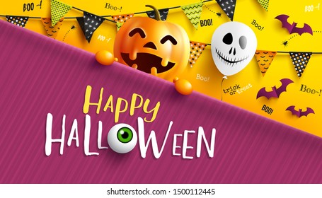 Happy Halloween trick or treat with Happy halloween pumpkin,triangle flag  and Scary air balloons.Website spooky,Background or banner Halloween template.Vector illustration EPS10