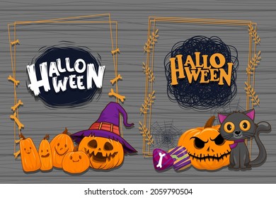 Happy Halloween (trick or treat) rectangle frame for invitation. Illustration Halloween night sticker Pumpkin, candy, bone, bat, leaf, hat, web, cat, black for designer create banner web page