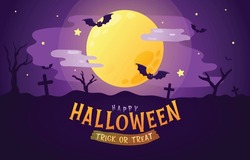 Fröhliches Halloween, Trick Oder Treat, Unscharfer Halloween-Hintergrund Mit Fledermäusen Und Vollmond, Vektorgrafik, Illustration