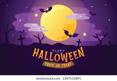 Feliz Halloween, truco o truco, espeluznante fondo de Halloween con murciélagos y luna llena, vector, ilustración