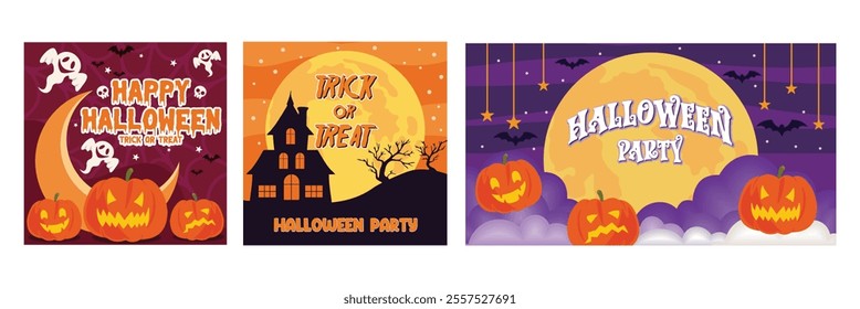 Happy halloween trick or treat. Spooky Halloween Party Invitation. Full Moon. Set flat vector modern illustration 