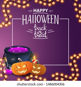 Happy Halloween, trick or treat, square greeting postcard with witch's pot and pumpkin Jack
