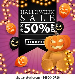Happy Halloween, trick or treat, square pink greeting postcard with black ribbon,, halloween balloons and Teddy bear with Jack pumpkin head