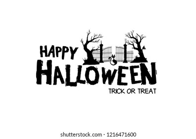 Happy halloween trick or treat text with gate, tree and black cat silhouette. Vector design for invitation card, greeting card, poster and banner halloween celebration event