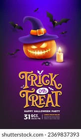 Happy Halloween, trick or treat text, pumpkins wearing a purple hat, candel and spider, bat flying, poster design on purple background, Eps 10 vector illustration
