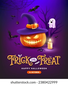 Feliz Halloween, truco o tratamiento de texto, calabazas con sombrero púrpura, telaraña de velas y arañas, vuelo de murciélagos, diseño de afiches fantasmas sobre fondo morado, ilustración vectorial Eps 10
