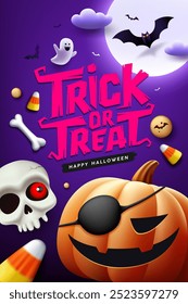 Happy Halloween, trick or treat text design, Pumpkin, Scary skulls, moon night bat flying poster flyer design on purple background, Eps 10 vector illustration