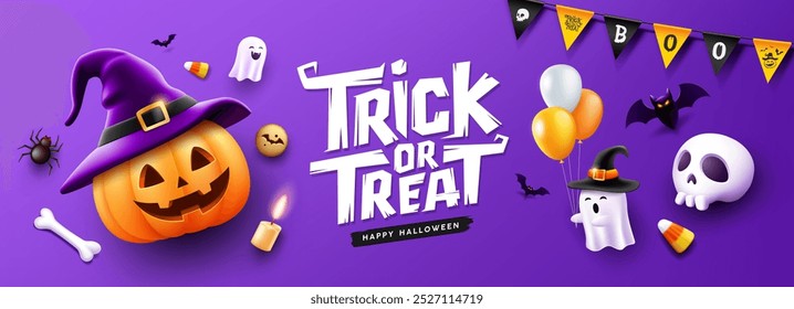 Happy Halloween, trick or treat text, pumpkin hat smile, balloons, Ghost holding a balloon, bat flying, banner design on purple background, Eps 10 vector illustration