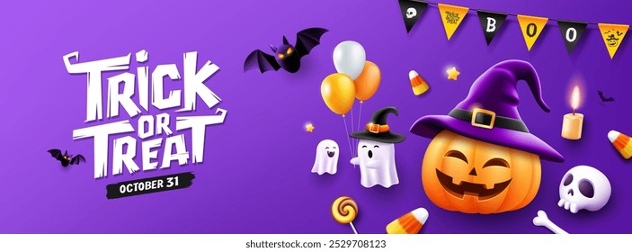 Feliz Halloween, truque ou tratar mensagem de texto, sorriso de chapéu de abóbora, fantasma segurando um balão, morcego voando, design de banner em fundo roxo, Eps 10 ilustração vetorial