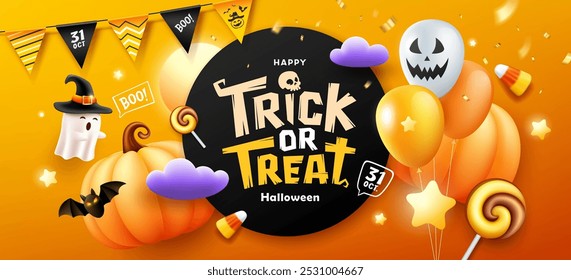 Feliz Halloween, mensaje de texto de truco o trato, banderín, fantasma, globo, vuelo de murciélago, cinta de oro, diseño de Anuncio sobre fondo naranja, Ilustración vectorial Eps 10