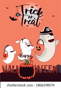 happy halloween: trick or treat tittle with 3 littles ghosts who go out to ask for candies