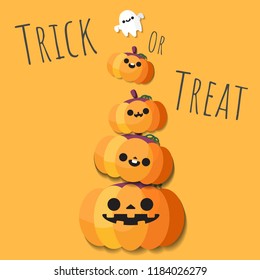 Happy Halloween, Trick or Treat with tower of pumpkins and one little ghost. Vector illustration.