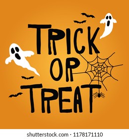 Happy halloween trick or treat typography and text with horror spooky with spider web and bats flying on orange background.