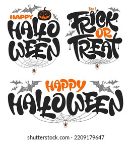 Happy Halloween, Trick or Treat unique lettering set. Holiday calligraphy by brush with bat, spider, web, and pumpkin for banner, poster, greeting card, party invitation. Isolated vector illustration