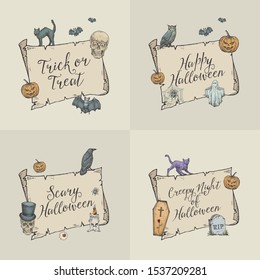 Happy Halloween Trick or Treat Vector Banner Templates Set. Hand Drawn Scroll Paper Background with Holiday Sketch Illustrations. Rustic Decorative Cards Collection.