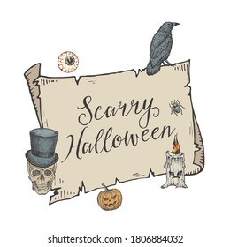 Happy Halloween Trick or Treat Vector Banner Template. Hand Drawn Scroll Paper Background, Scull, Eye, Pumpkin and Raven Sketch Illustrations. Holiday Decorative Card. Isolated.