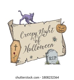Happy Halloween Trick or Treat Vector Banner Template. Hand Drawn Scroll Paper Background, Coffin, Cat, Pumpkin and Tomb Stone Sketch Illustrations. Holiday Decorative Card. Isolated.