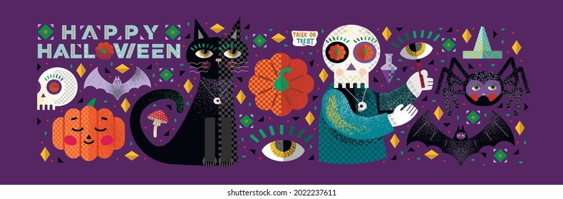 Happy Halloween! Trick treat  Vector cheerful abstract illustration Halloween characters  skull  black cat  spider  bat  pumpkin  eyes  Drawings for postcard  background   cover