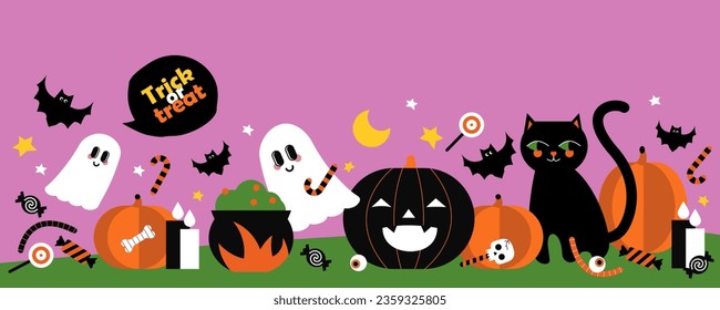 Feliz Halloween. Truco o trato. Dibujo vectorial lindo de personajes de Halloween, fantasma, gato negro, murciélago, calabaza, dulces de Halloween. Diseño plano de moda para anuncios, saludos, tarjeta, cartel, portada