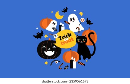 Happy Halloween. Trick or treat. Vector cute cartoon card, banner with Halloween characters, ghost, black cat, bat, pumpkin, Halloween candy. Trendy flat design for ads, greetings, poster, cover