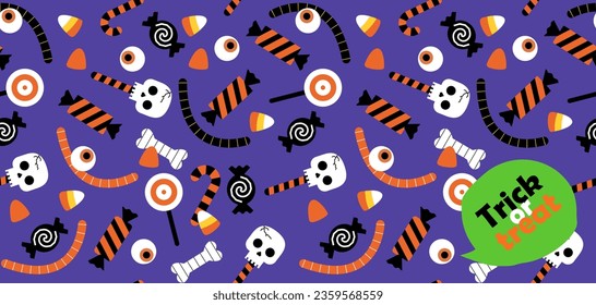 Feliz Halloween. Truco o trato. Vector lindo dibujo plano sin fisuras de patrón hecho de caramelos de Halloween y dulces para publicidad, promoción, 
decoración de vacaciones, impresión, tela, embalaje, papel de embalaje