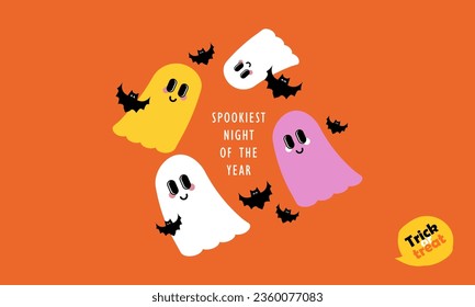 Happy Halloween. Trick or treat. Vector cartoon card or website banner with cute Halloween characters ghosts and bats. Trendy flat design template for ads, greetings, poster, cover, social media