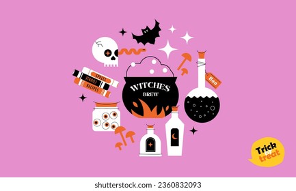 Happy Halloween. Trick or treat. Vector cute cartoon card, banner with Halloween elements for Witch Brew,
mushrooms, eyes, poison, skull, spellbook, bat. Trendy flat design for ads, greetings, poster