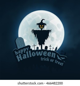 Happy Halloween trick or treat vector blue background. Scarecrow, Moon, Bat and Monument, Halloween Elements. Happy Halloween Dark Wallpaper. Vector Background. Halloween. Halloweens. Halloweens.