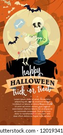 Happy Halloween trick or treat vertical poster with skeleton. Calligraphy with skeleton, skeleton dog, full moon on orange background. Can be used for programs, leaflets, posters.