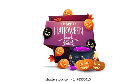 Happy Halloween, trick or treat, vertical greeting card in cartoon style with Halloween balloons, witch's cauldron and pumpkin Jack