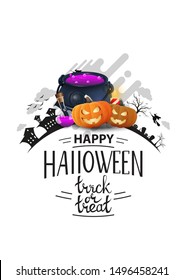 Happy Halloween, trick or treat, white greeting card with witch's cauldron and pumpkin Jack. The logo with the silhouette of the earth with Halloween night
