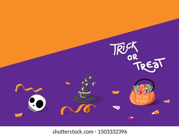 Happy Halloween, trick or treat, witch hat, pumpkin and skull with confetti ribbons, party invite