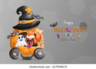 Happy Halloween, Trick and Triat. 31 Oct. Fox witch and ghost sitting on pumpkin car
