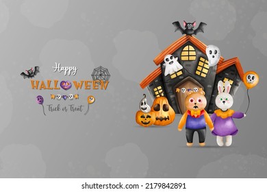 Happy Halloween, Trick and Triat. 31 Oct. Bear witch and Bunny witch Halloween holiday
