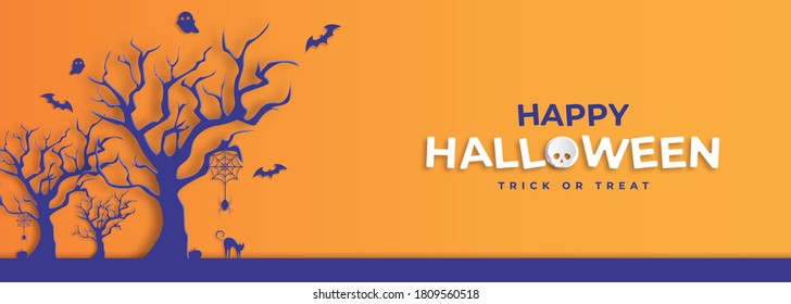 Happy Halloween tricks or treats with pumpkins, bats, spiders, cats, ghosts and creepy trees. Graphic design for Halloween. paper cut and craft style. vector, illustration.