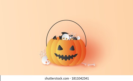 Happy Halloween tricks or treats with pumpkins filled with bats, spiders, candies, ghosts and skulls. Graphic design for Halloween. paper cut and craft style. vector, illustration.