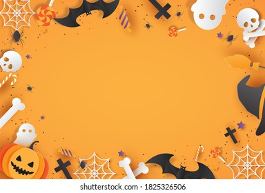 Happy Halloween tricks or treats with pumpkins, spiders, bats, candy and skulls. Spooky website, Halloween background or banner template. Vector illustration of EPS10