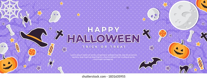 Happy Halloween tricks or treats with pumpkins, spiders, bats, candy and skulls. Spooky website, Halloween background or banner template. Vector illustration of EPS10
