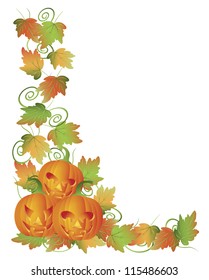 Happy Halloween Trio of Carved Pumpkins with Leaves and Twine Border Vector Illustration