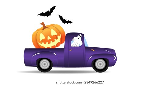 Happy Halloween truck with Jack O Lantern pumpkin lantern in the back, bats, ghost driving on white background. Wide vector banner for postcards, flyers, leaflets, party invitations