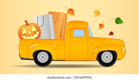 Happy Halloween truck with Jack O Lantern pumpkin lantern in the back. Wide vector banner for postcards, flyers, leaflets, party invitations