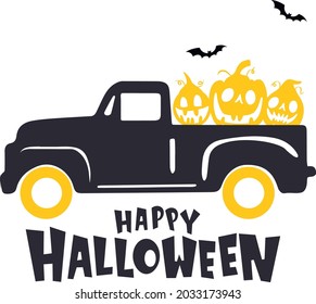 Happy halloween truck svg vector Illustration isolated on white background.Halloween pumpkin truck. Halloween truck with pumpkin face sublimation. Halloween shirt design svg